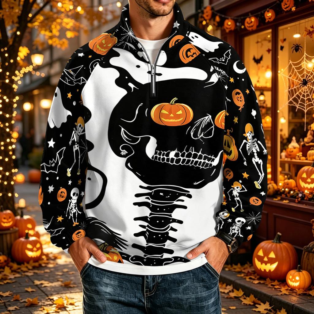 Men's Halloween Print Raglan Sweatshirt Loose Fit Stand Collar Casual Top