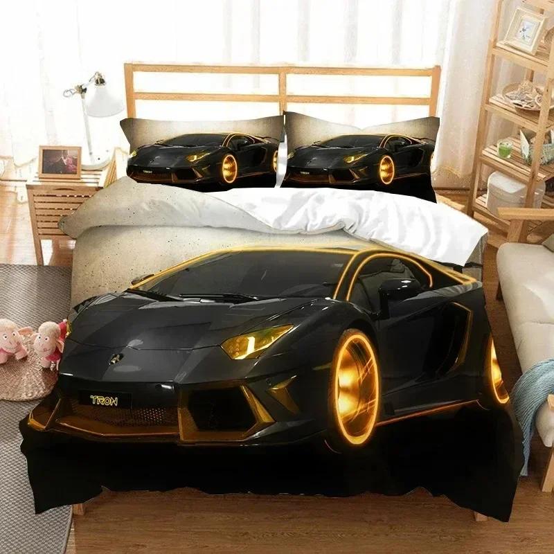 Sportwagen Bettbezug 3D Rennwagen Bedrucktes Bettwäscheset Queen King Size mit Zwei Kissenbezügen Herren Cool Polyester Für Bettdeckenbezug