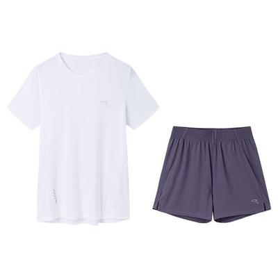 Breathable Moisture-Wicking Slim Fit Short Sleeve T-Shirt And Straight Leg Shorts Set Women Activewear White Purple 962325201-1