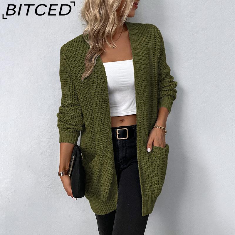 BITCED Autumn/Winter Women's Knitwear Solid-Colour Pocket Cardigan Sweater