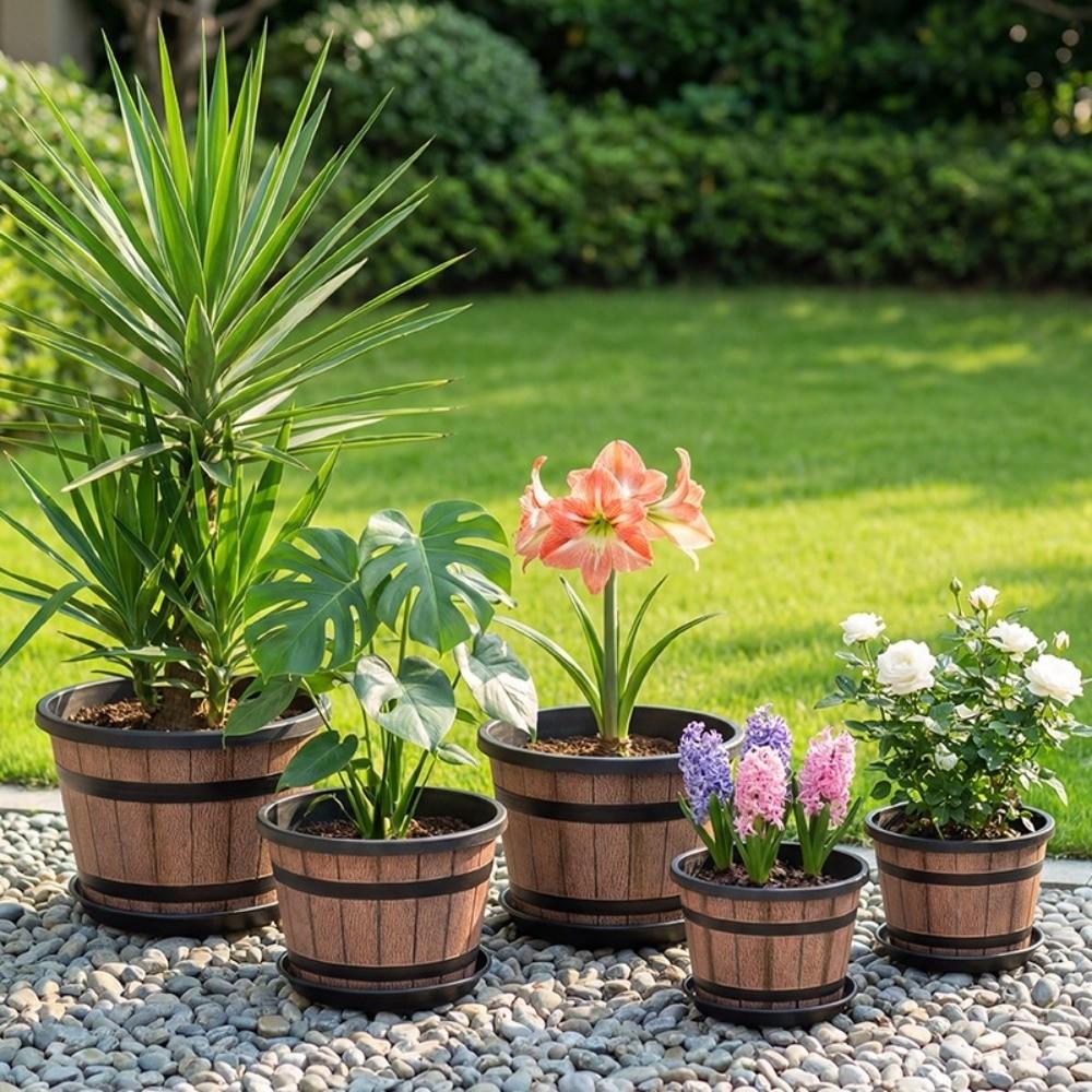 Round Plastic Barrel Flowerpot Drainage Hole Matching Saucer Vintage Planters Large Capacity Thickened Flower Bucket Patio Plant