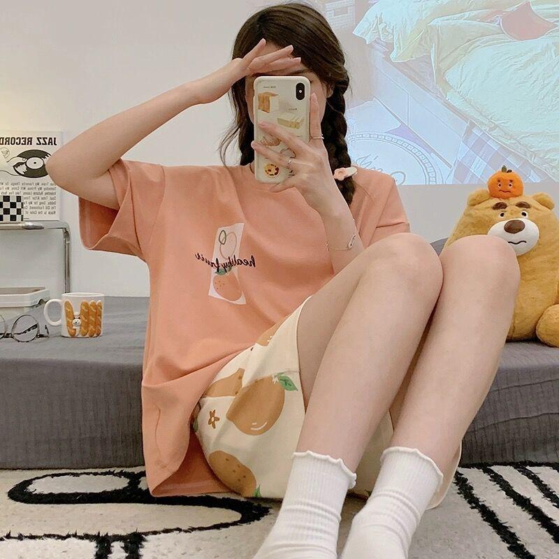 Women's Summer Short-Sleeved Short Pants Set Youthful Teenage Student Oversized Loose-Fitting Casual Homewear Summer Set