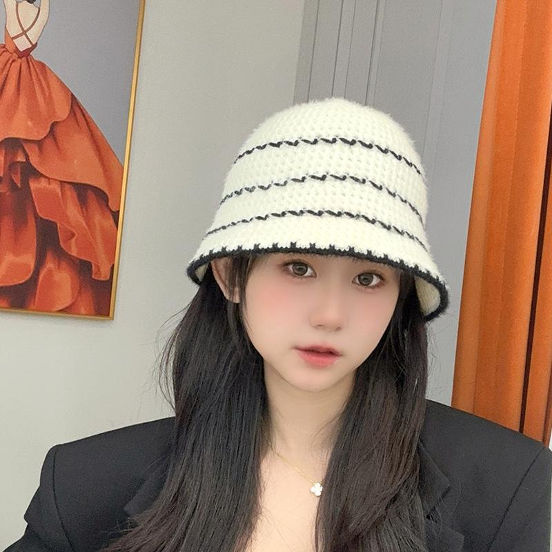 

Женская полосатая шляпа-панама с цветовыми блоками, подчеркивающая лицо, маленькая и универсальная, простая повседневная шляпа-ведро, модная шляпа-колокол M（56-58cm）