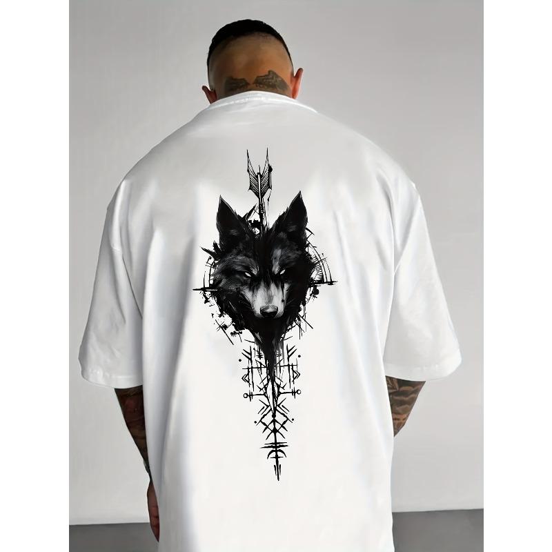 Wolf Totem Print T-Shirt, Street Style Crew Neck Tee, Round Neck, Short Sleeves - The Perfect Men S T-Shirt S белый