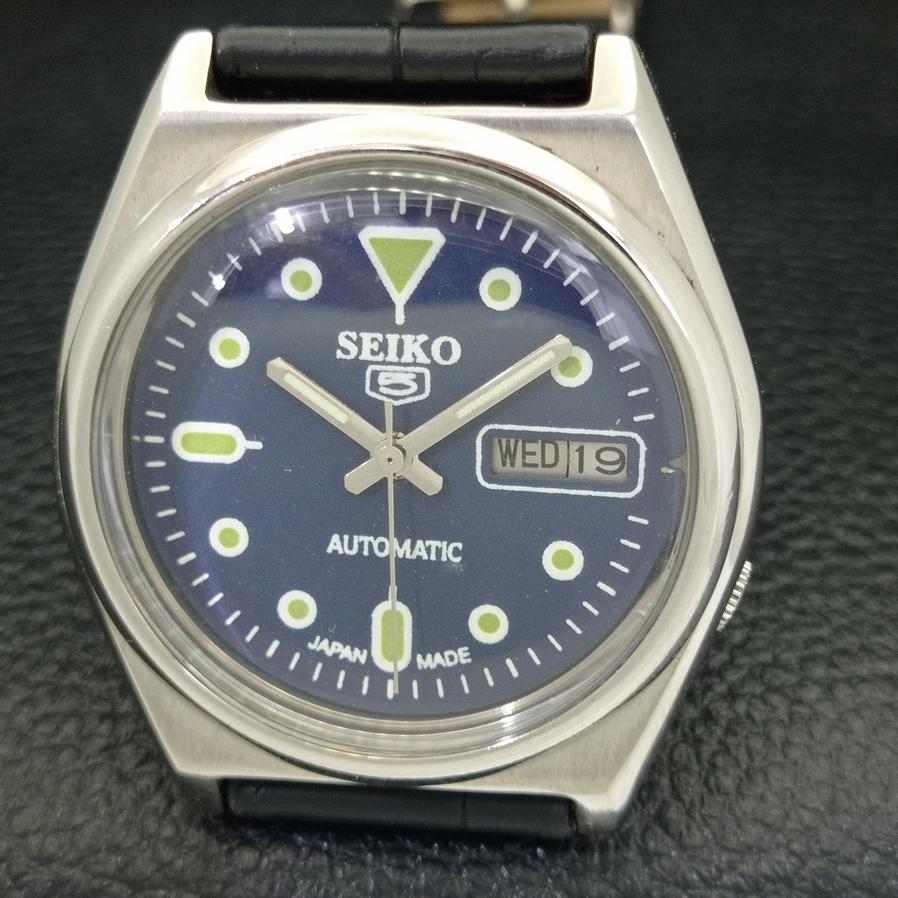 USED JAPAN-MADE SEIKO 5 7019A MENS DAY/DATE AUTOMATIC BLUE DIAL WATCH A427856-2 R1054-a427856