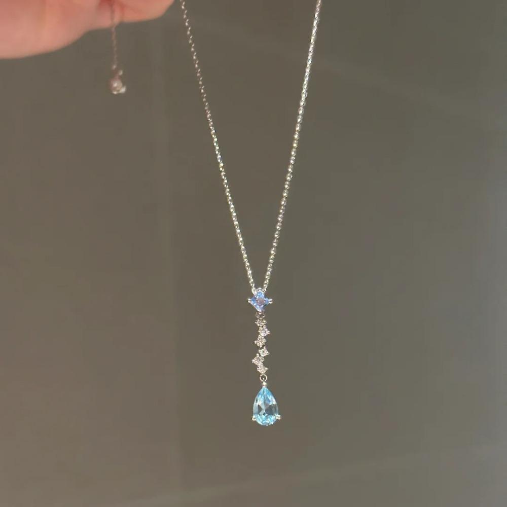 Elegant Mermaid Tear Pendant Necklace Women Luxury Imitation Aquamarine Topaz Jewelry