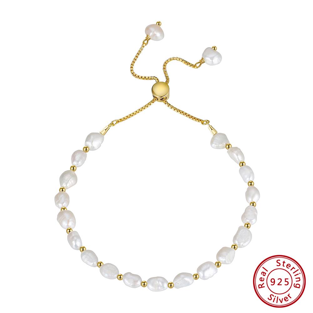 

EFFIE QUEEN 925 Sterling Silver Natural Baroque Pearl Bracelet 14K Gold Adjustable Chain Link Bracelets for Women Jewelry GPB09