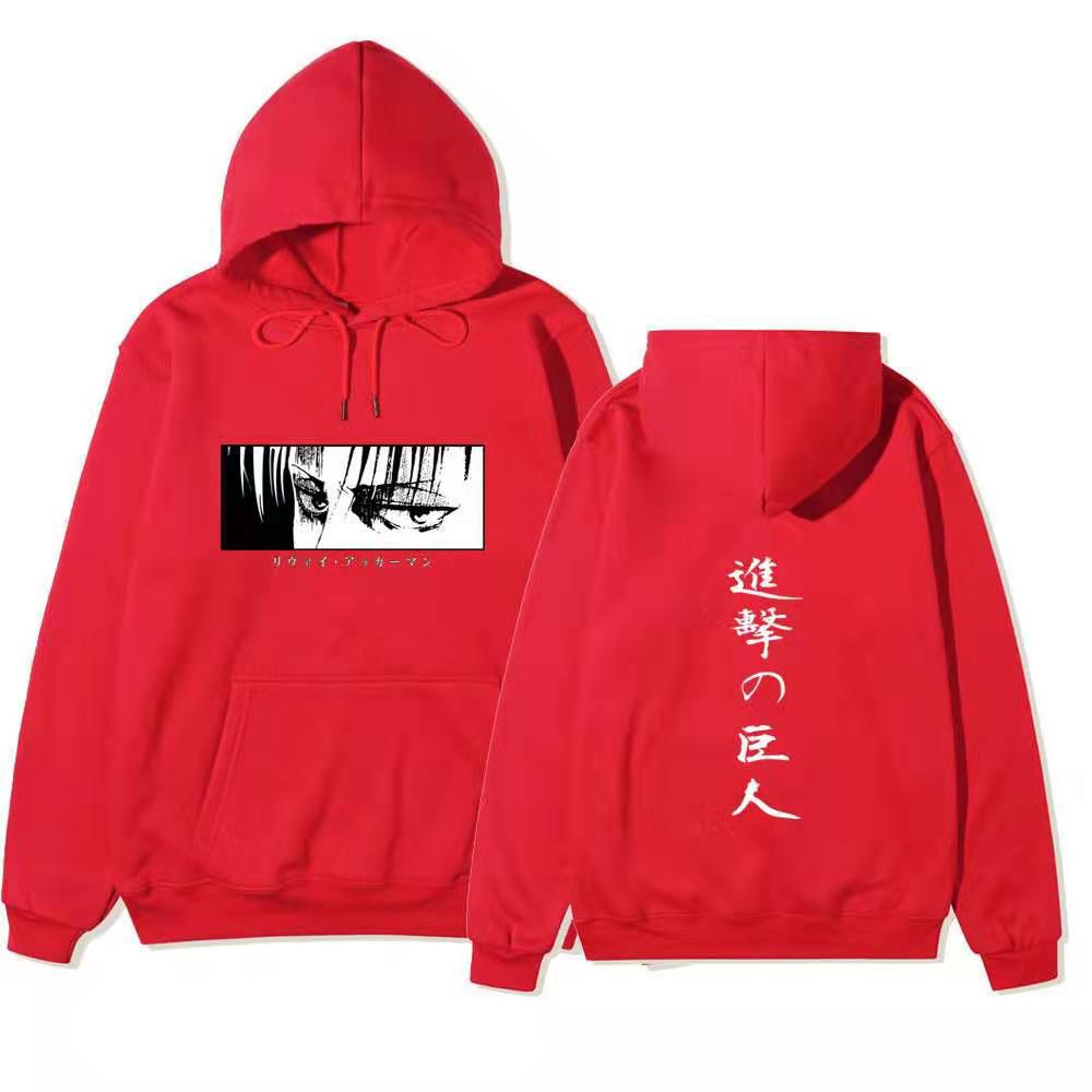 Attack On Titan Levi Ackerman Hoodie Unisex Fleece Sweatshirt Front Manga Eyes Print, Back Japanese Text, Autumn Winter Casual Pullover