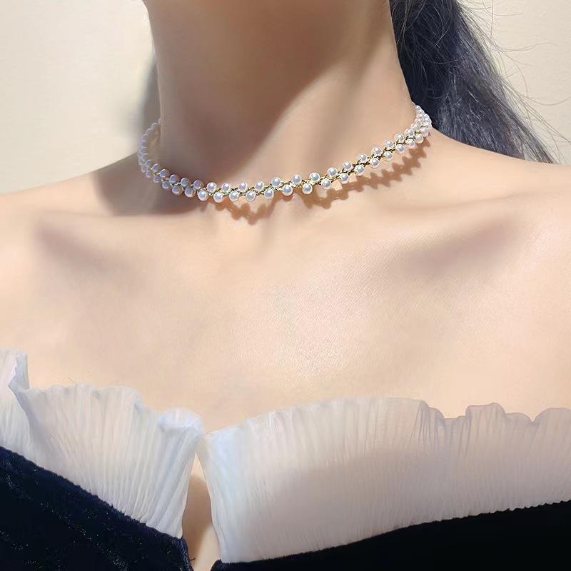 Nk-35 Three Woven Crystal Pearl Neck Chain Necklace Short High-End Niche Light Luxury Women