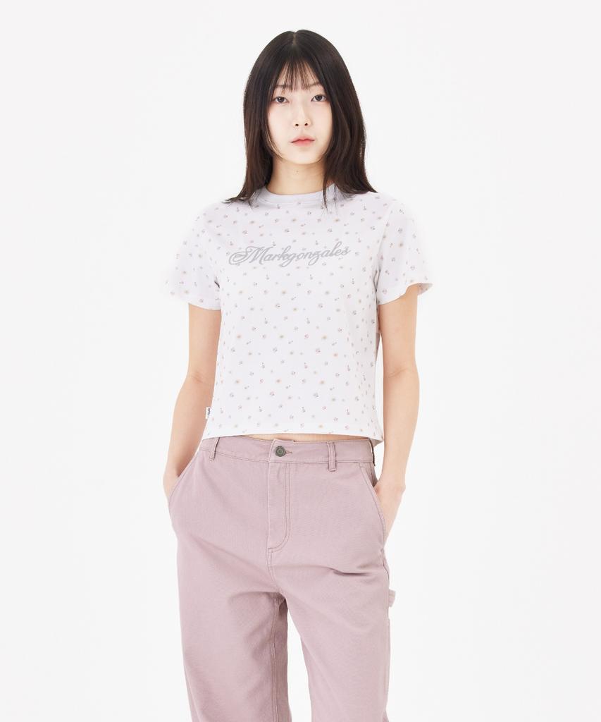 MARK GONZALES Women'S Flower Pattern Crop Short Sleeve T-Shirt - White