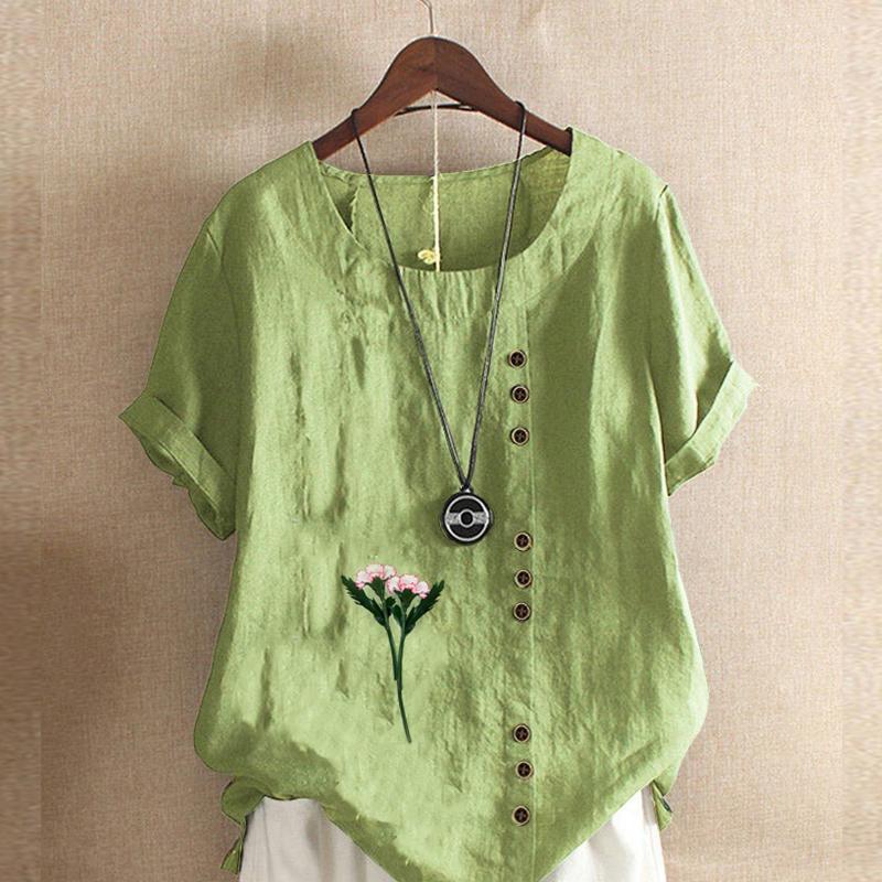 

Женская мода с цветочным принтом, круглым вырезом и коротким рукавом, повседневная хлопково-льняная рубашка с рисунком, свободная летняя блузка для отдыха, топы 5XL зелёный