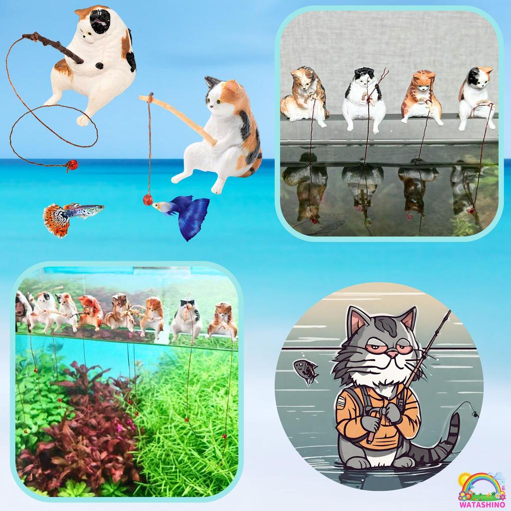 WATASHINO Cat Fishing Cat Aquarium Miniature Mini Fishing of Figurine, Ornament, Object, Toy, Toy, (Set 10)