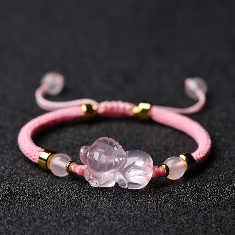 Pink Crystal Zodiac Bracelet: Rose Quartz, Red String Weave, Pig, Ox, Rat, Rabbit Charm - Perfect Gift for Girlfriend or Bestie