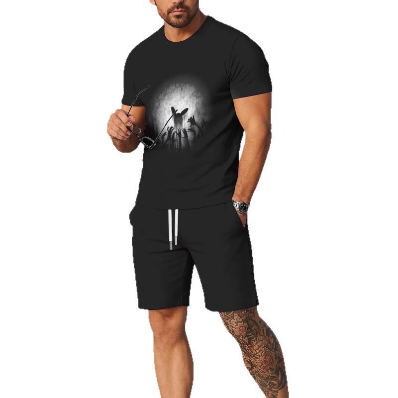 Men's American Hip Hop GWTMONEY Portrait Printed Short Sleeve Shorts Set Summer Trendy Casual Set