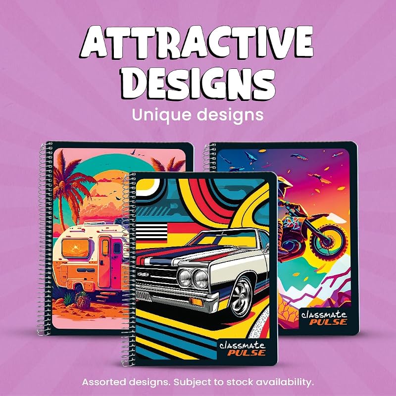 Classmate Pulse Single Subject Spiral Notebook - Pack of 4 | Unruled | 200 Pages | 24.0cm x 18.0cm | Attractive Cover De