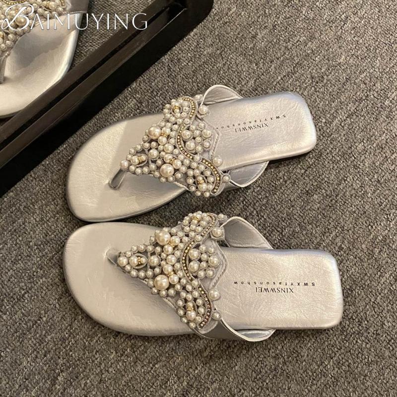 Fashion Bead Women Slippers Flat Sandals Flip Flops Casual Shoes Woman Summer 2025 Trend Beach Open Toe Comfort Clip Toe Slides Mujer