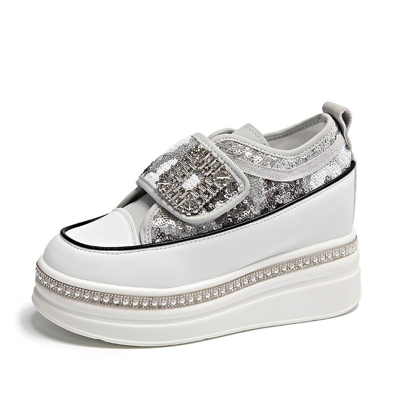 Fashion Women 8CM Platform Casual Outdoor Shoes Rhinestone Shine Decoration Sneakers Lace  Walking Sport Breathable Thick Bottom Shoes
