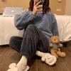 Women's Winter Plush Pajamas Set: Long-Sleeve, Solid Color, Thick Coral Fleece for Home or Outdoor Wear