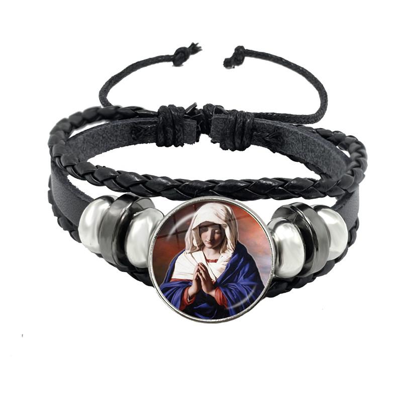 Virgin Mary Baby Jesus Christian Catholicism Jewelry Black Button Leather Bracelet Blessed Mother Religious Glass Cabochon Gift