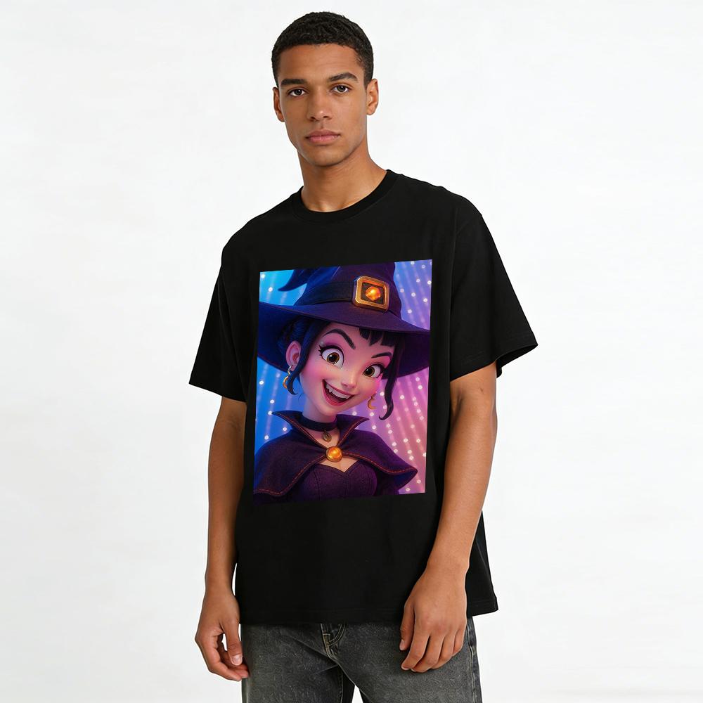Cute Playful Little Witch Print Casual Top Halloween Themed Loose Unisex T-Shirt Pure cotton T-shirt