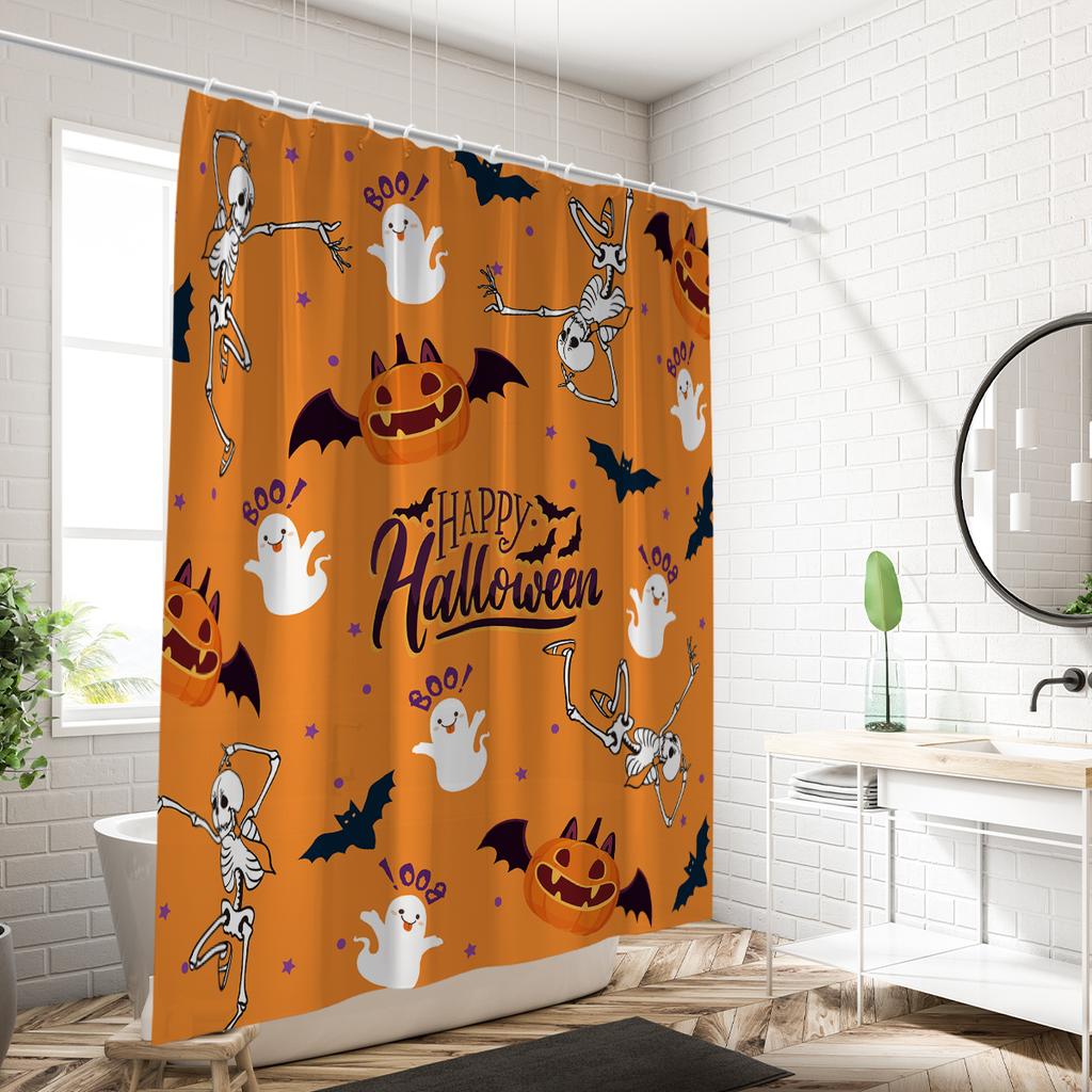 1 Piece Of 180X180Cm Halloween Orange Skull Printed Shower Curtain Partition, Bathroom Waterproof And Mildew Proof