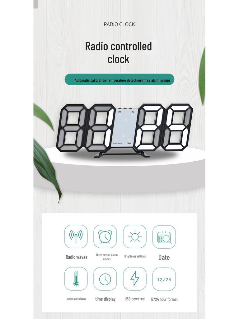 3D Stereo LED Digital Wall Clock with German & Japanese Radio Calibration