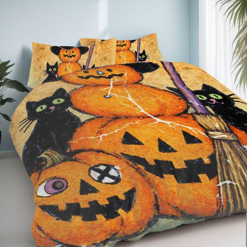 3-Piece Bedding Pillowcase Quilt Cover Set Halloween Pumpkin Black Cat 2D Digital Printing Suitable For Bedroom Dormitory Decor