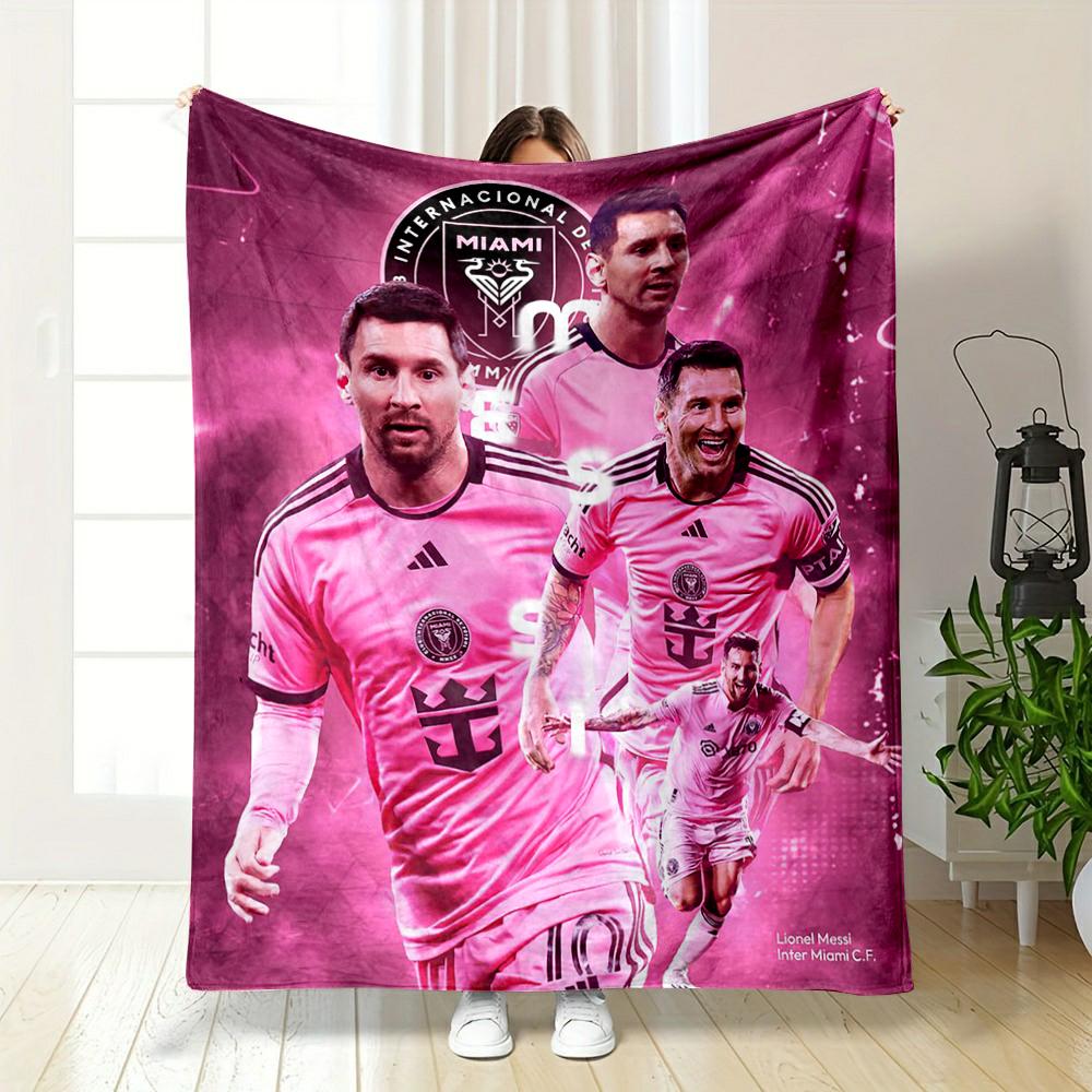 Pink Soccer Theme Warm blanket with Player Graphics Flannel blanket for bedroom, living room, sofa, and nap.