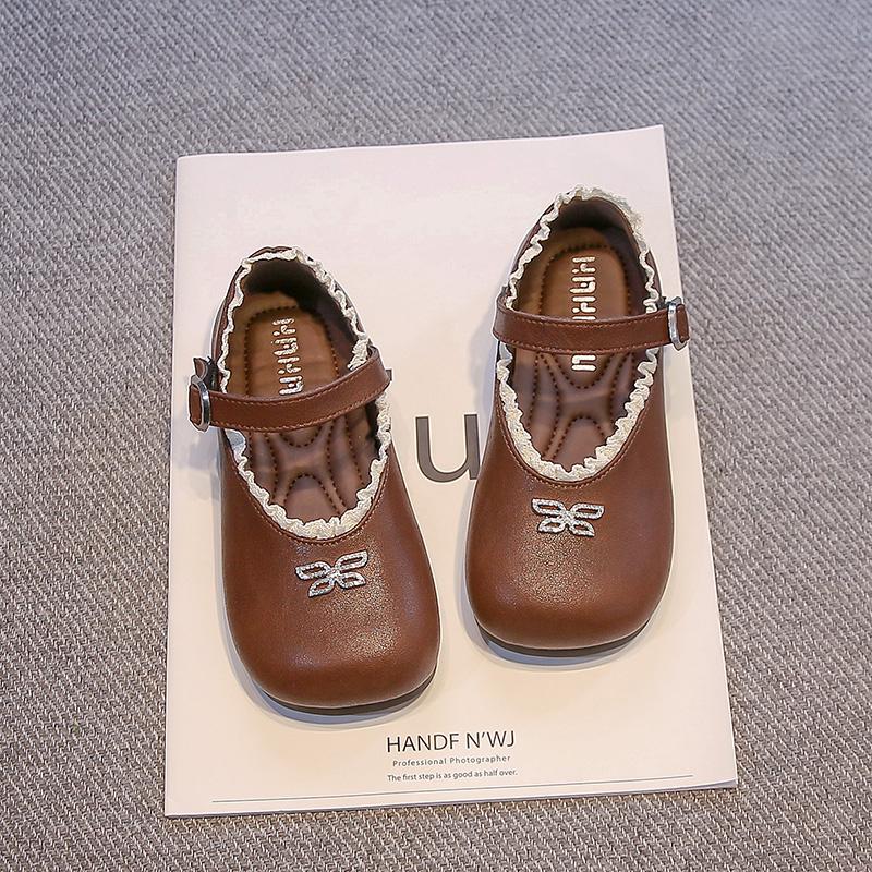 

Girls Flat Shoes Sweet Lace Soft Kids Leather Shoes Princess Style 2025 New Fashion Children Dance Shoes Round Toes Ins Trendy 23 коричневый