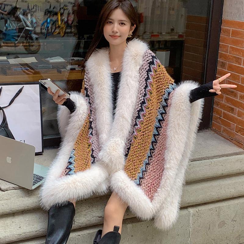 New Faux Fur Collar Imitation Cashmere Elegant Women Scarf Winter Striped Poncho Warm Thick Wrap Capa Para Mujer Pashmina Shawl