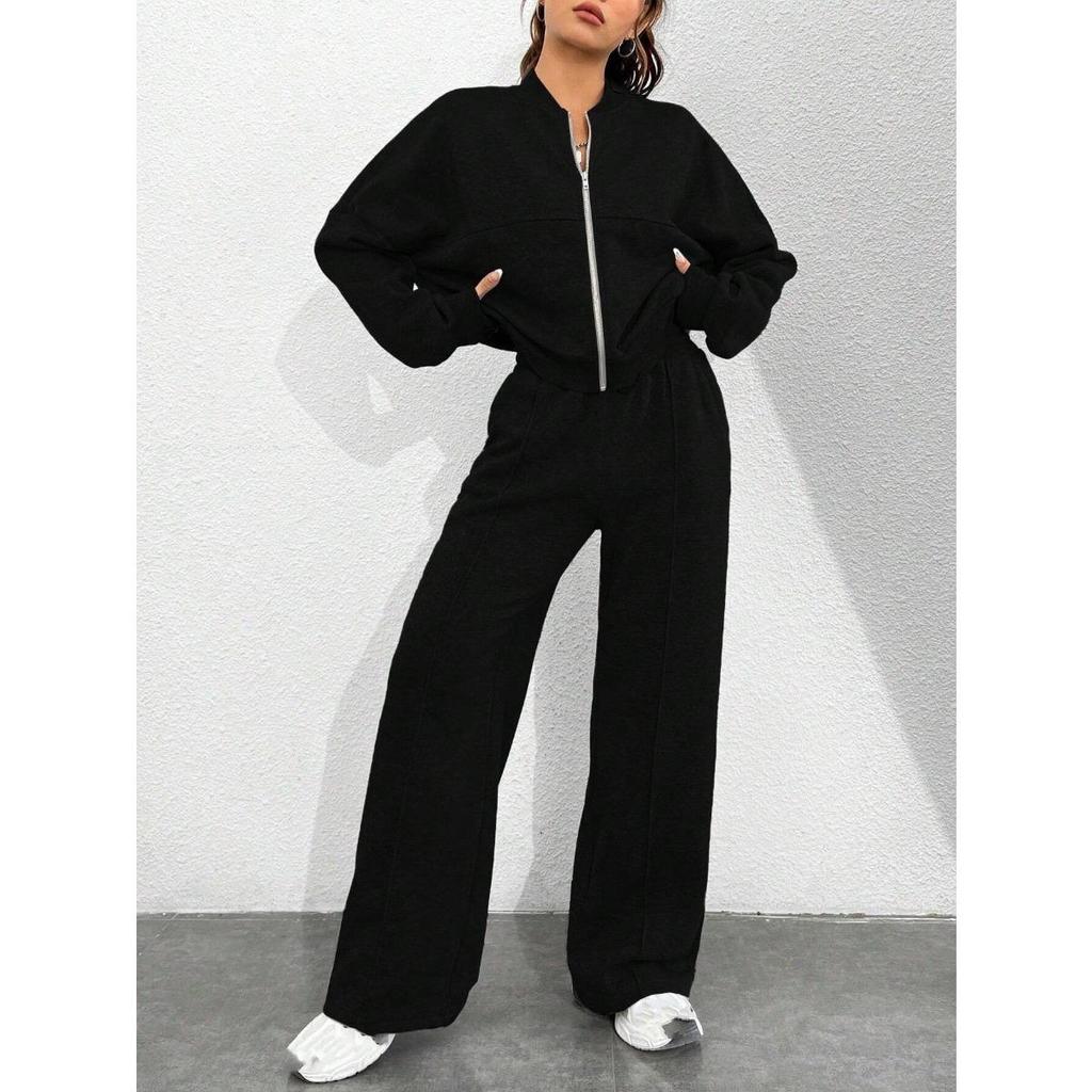 Autumn Solid Color Zipper Casual Sports Long Sleeved Top with Drawstring Casual Pants Two-piece Set