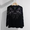 Autumn Women's Plus-Size Velvet Blouse Loose V-Neck Pullover T Shirt Embroidered Flocked Velvet Blouse