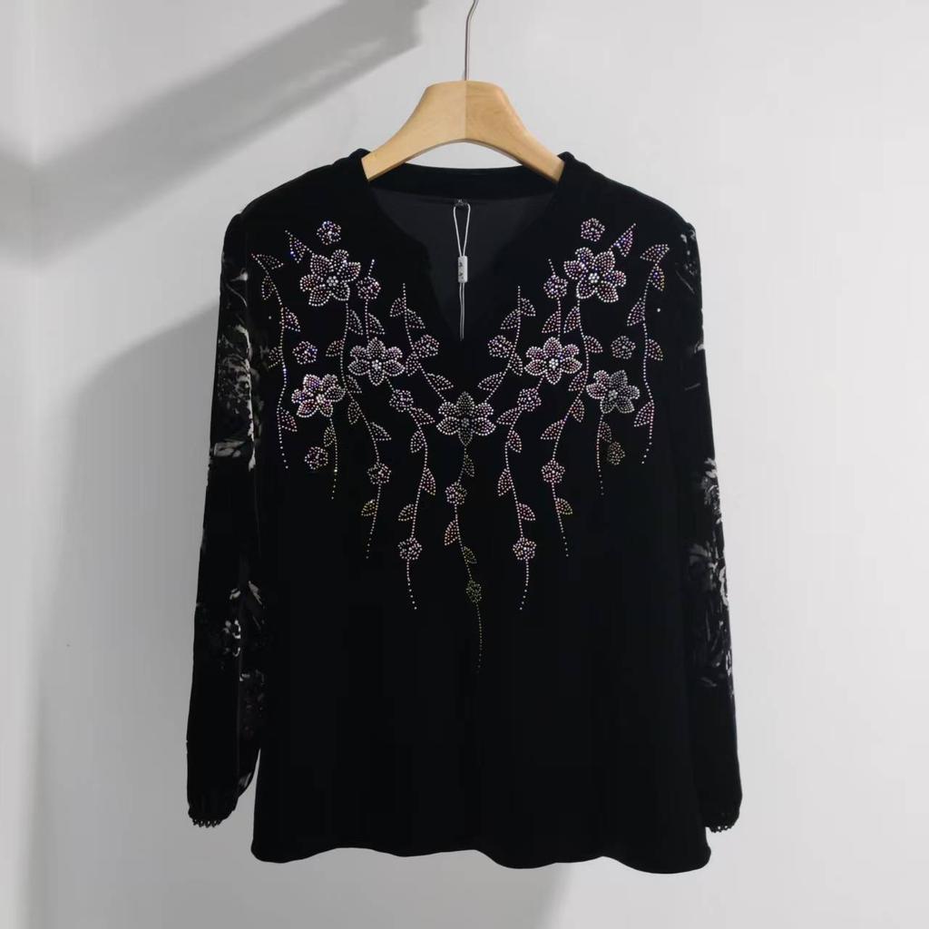 Autumn Women's Plus-Size Velvet Blouse Loose V-Neck Pullover T Shirt Embroidered Flocked Velvet Blouse
