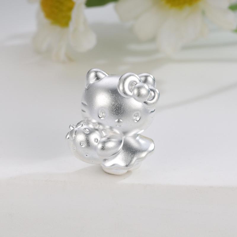 Sterling Silver 999 Hello Kitty Charm Beads - Strawberry KT Cat Cartoon for Success Accessories