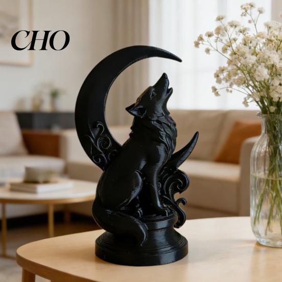Decorazione Lupo che Ruggisce di Notte Scultura Ululante Stampata 3D con Base a Luna Crescente, Statuetta Nera Opaca Spessa Resistente Arte da Collezione, Gotica