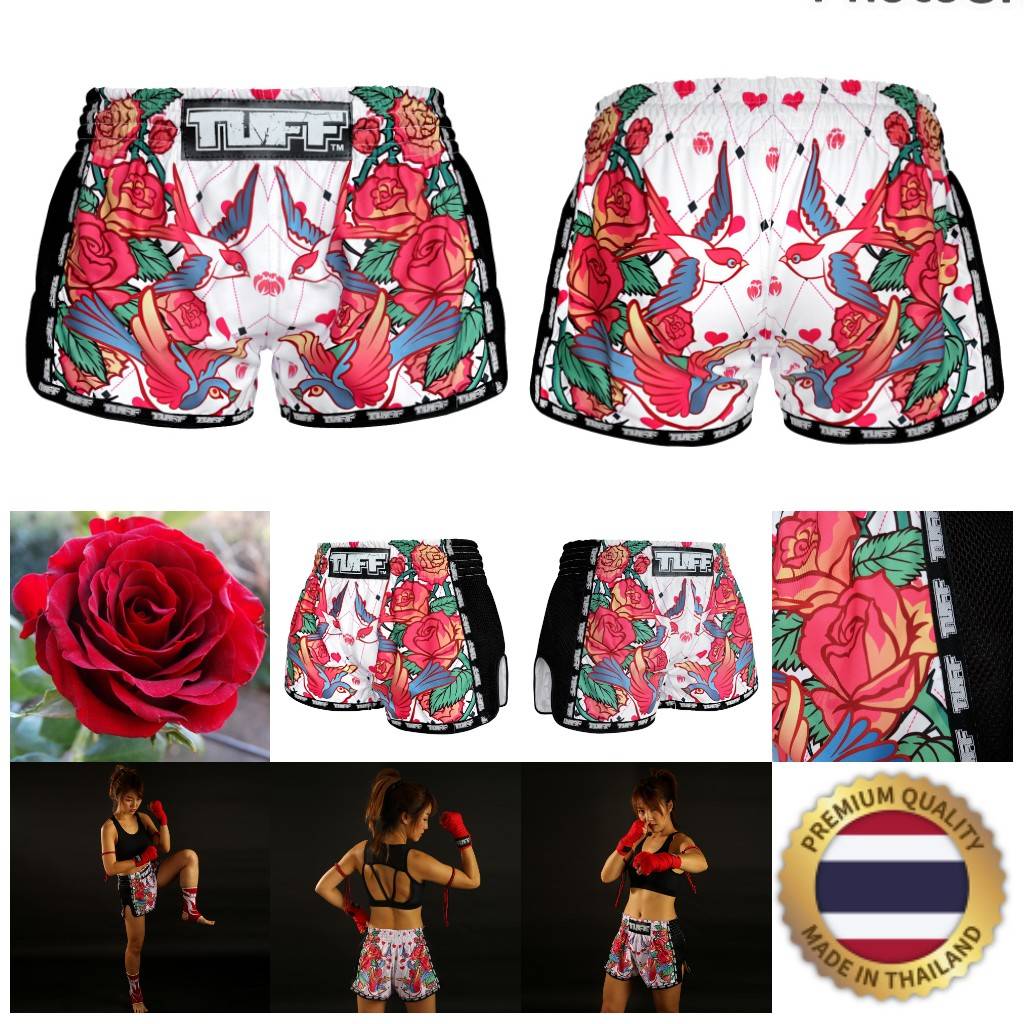 

Muay Thai Tuff MMA Kickboxing Boxing White Bird Red Rose Shorts Retro Vintage Pants Print 3D Microfiber Elastic Fight Martial Art Training Fitness Gym