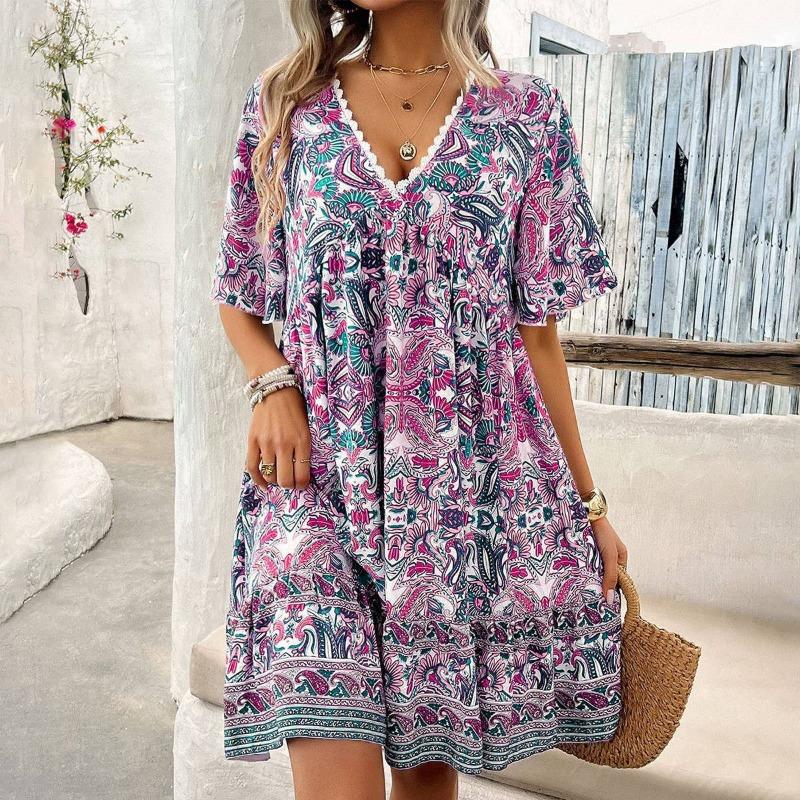 GMXIA Women's Fashion Summer Spring V-Neck Short Sleeve Solid Color Print Casual Dresses