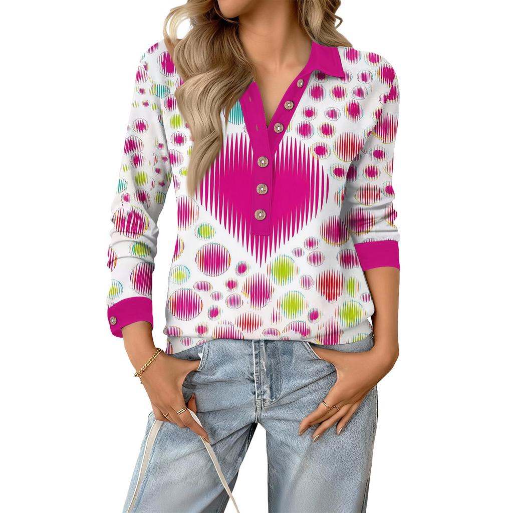 Damen Retro Street Lässiger V-Ausschnitt Langarm Knopf Valentinstag Herz Pullover Top