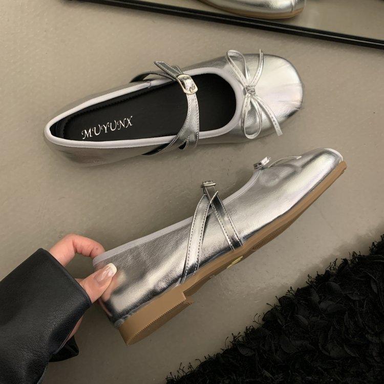 Silver Jk Flat Bottom Light Mouth Single Shoes Autumn Soft Sole with Skirt Doudou Shoes Mary Jane New Small Leather Shoes
