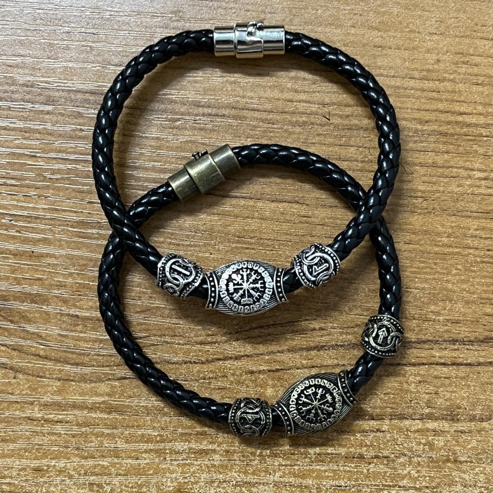 Norse Runes Beads Viking Leather Magnetic Bracelet For Men Women Adjustable Unisex Accessories