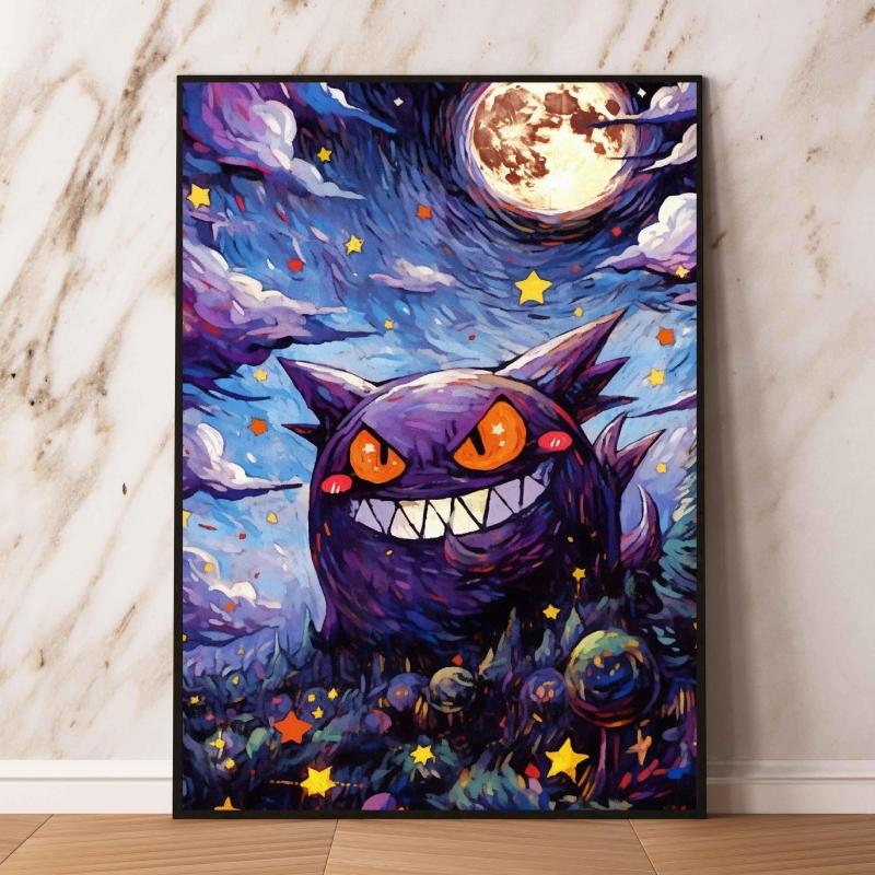 Van Gogh - Style Pokemon Decorative Paintings - Pikachu Gengar in Starry Night Art Unique Wall Art for Home Decor