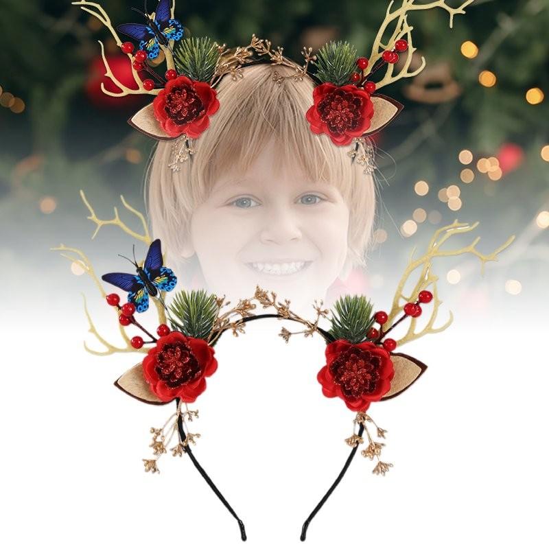 Enchanting Forest Style Antler Headband With Faux Flowers For Christmas Celebrations