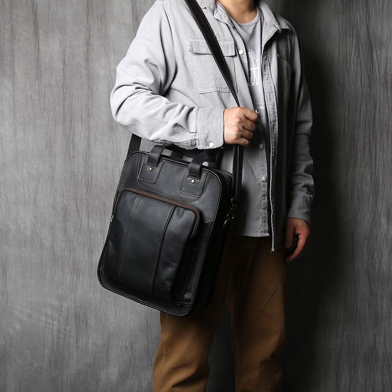 Men's Leather Handbag Casual Messenger Bag Top Layer Leather Vertical Briefcase Shoulder Bag Suitable for 14 Inch Laptop NZPJ