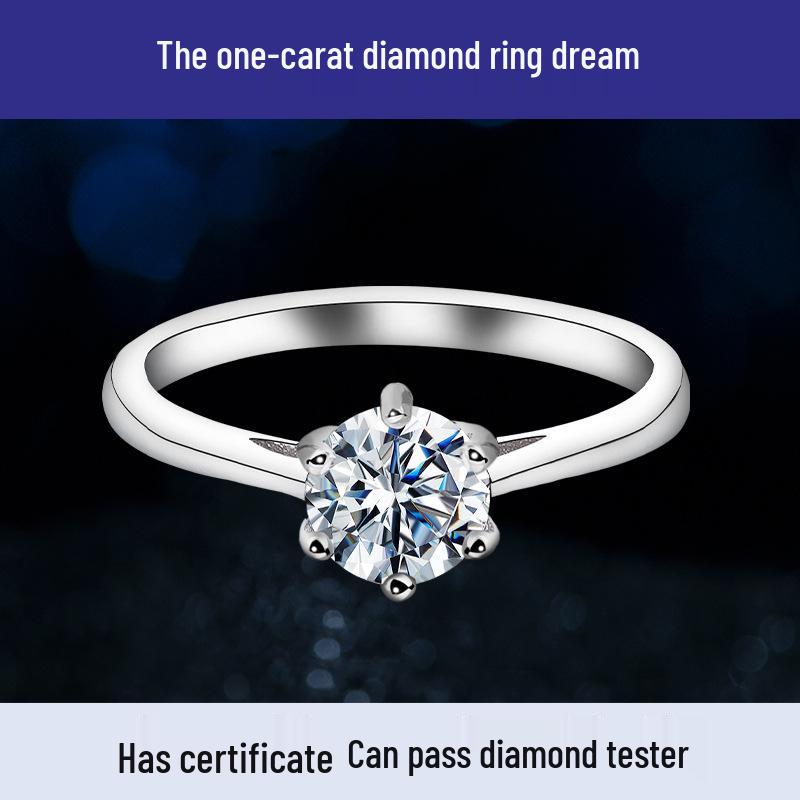 Sterling Silver Six-Prong Moissanite Ring: Non-Fading 925 Silver Pinky Ring for Men & Women, 18K Gold Accents