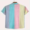 Summer Men's Colorful Striped Pattern Short Sleeved Slim Fit Shirt with Casual Button Collar Suitable for Beach and Daily Wear