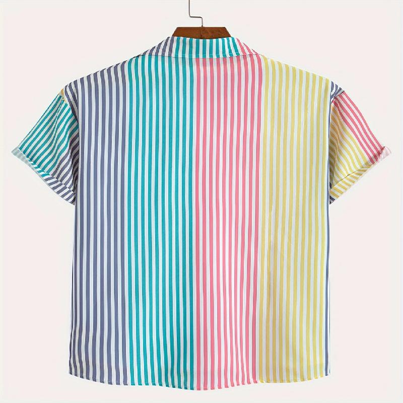 Summer Men's Colorful Striped Pattern Short Sleeved Slim Fit Shirt with Casual Button Collar Suitable for Beach and Daily Wear