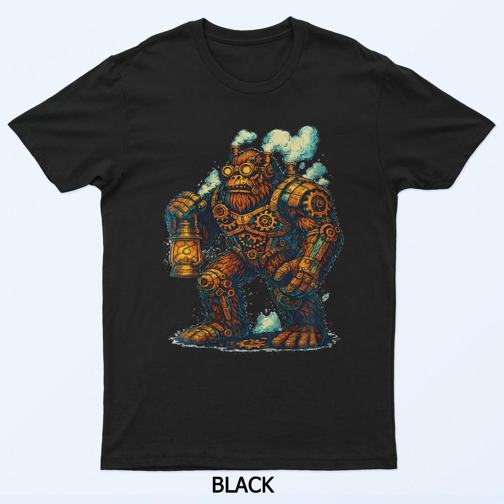 

Steampunk Bigfoot With Lantern Mechanical Gears Cryptid T-Shirt S