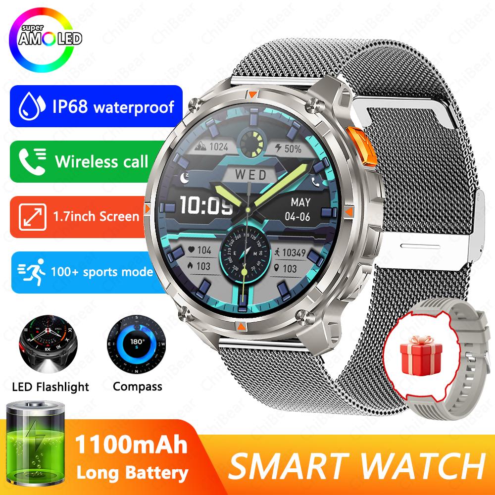 Militärische 1100mAh Super-Große Batterie Herren Kompass Smartwatch 1,7-Zoll AMOLED Bluetooth-Anruf IP68 Wasserdicht Sport Smartwatch