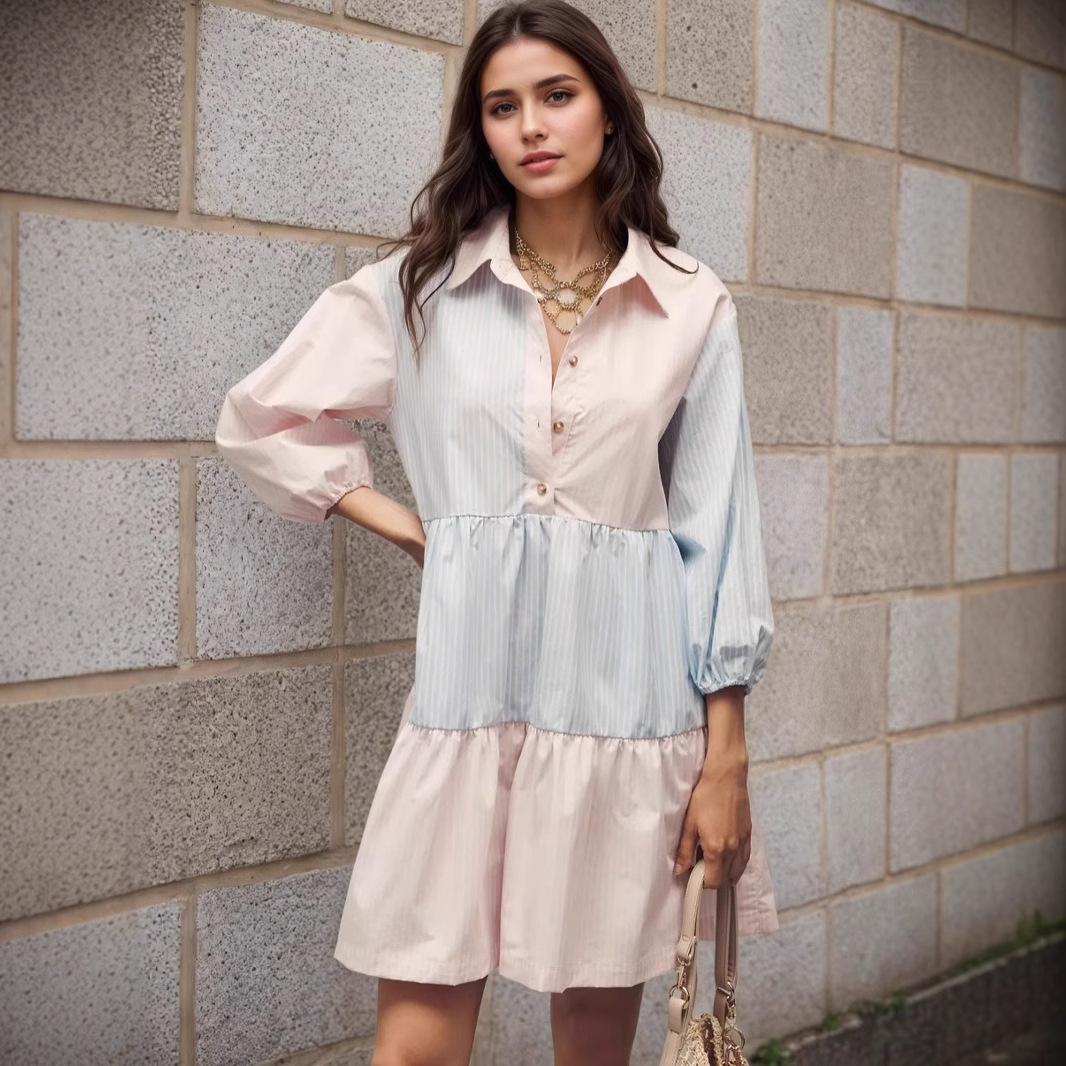 

Women s Spring Summer Pink Blue Color Block Stripe Shirt Dress Lapel Collar Lantern Sleeve Patchwork Ruffle Hem Loose Casual Mini Dress S