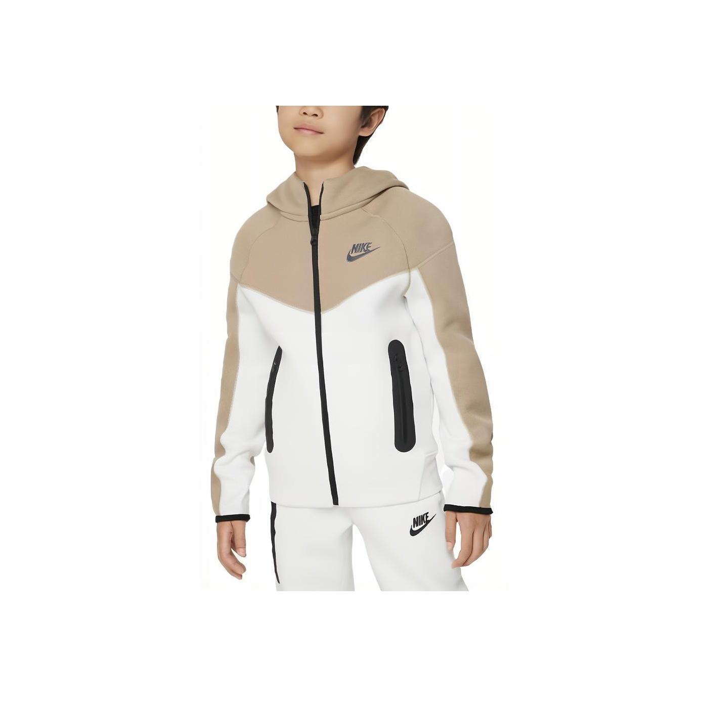 Nike Sportswear Tech Fleece Color Block Logo Print Zip-Up Hoodie Kids Hoodies Khaki FD3285-121 S